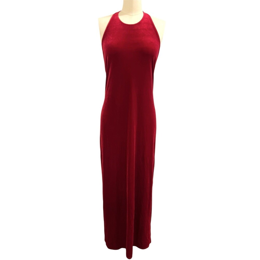 VTG 90s Y2K Laundry Shelli Segal Red Velvet Halter Maxi Dress Open Back NWT Sz M - Picture 2 of 16